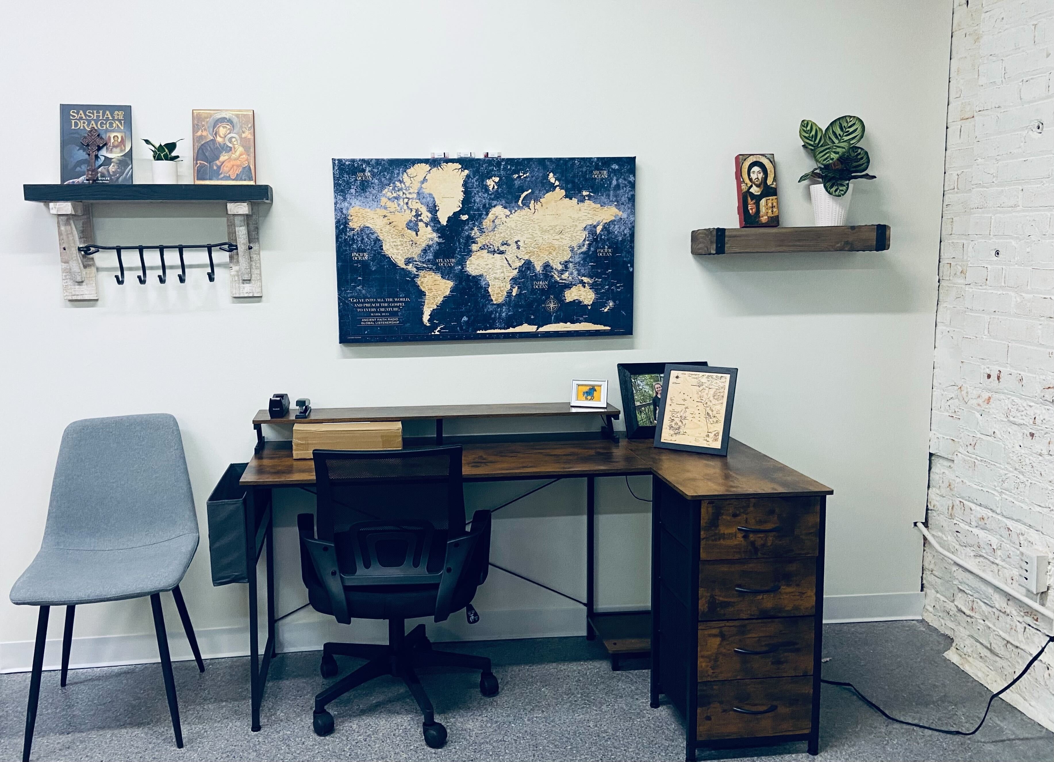 Workstation and world map at AFR headquarters